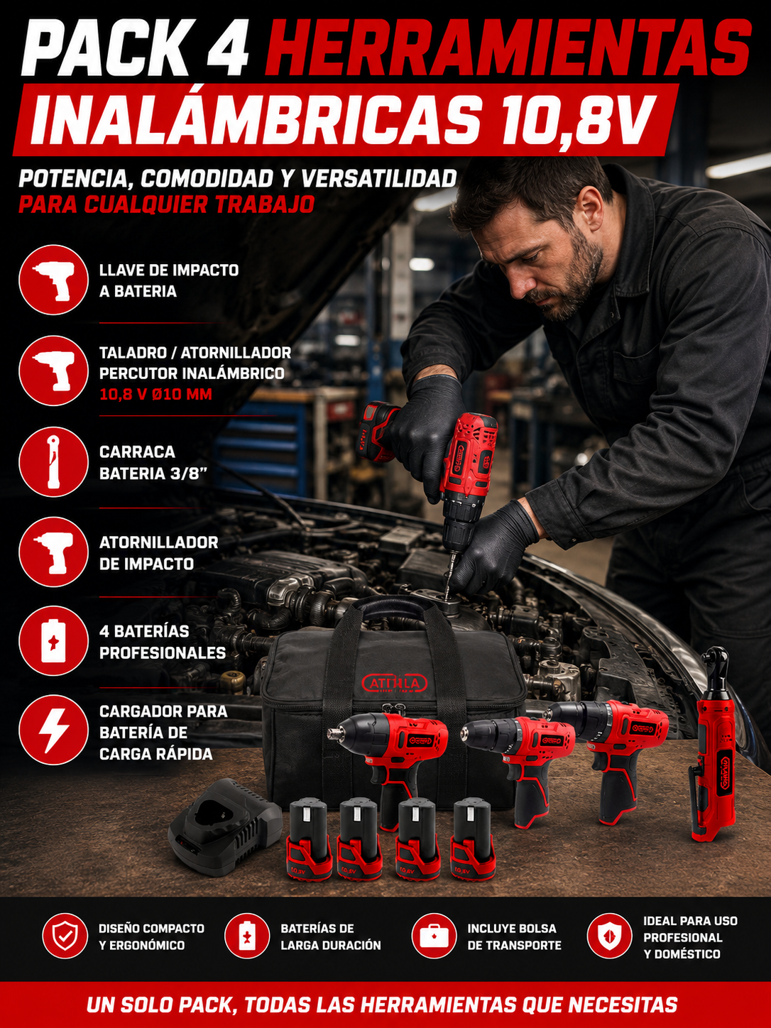 PACK 4 HERRAMIENTAS BATERIA + 4 BATERIAS