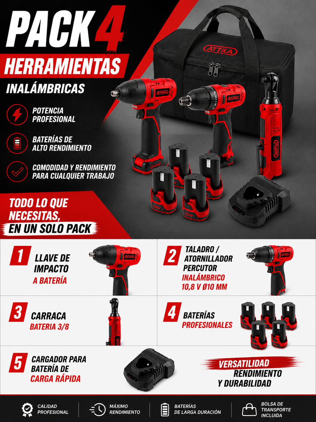 PACK 4 HERRAMIENTAS BATERIA + 4 BATERIAS