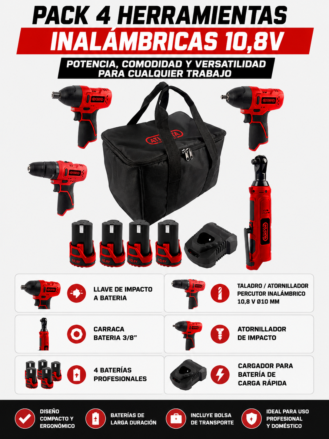 PACK 4 HERRAMIENTAS BATERIA + 4 BATERIAS